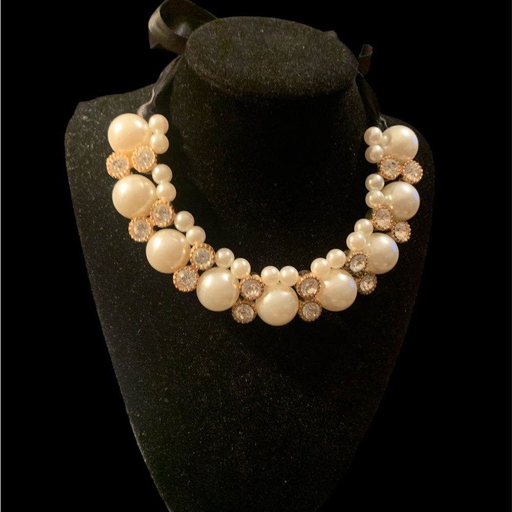 Faux Pearl and Rhinestone Ribbon Statement Necklace